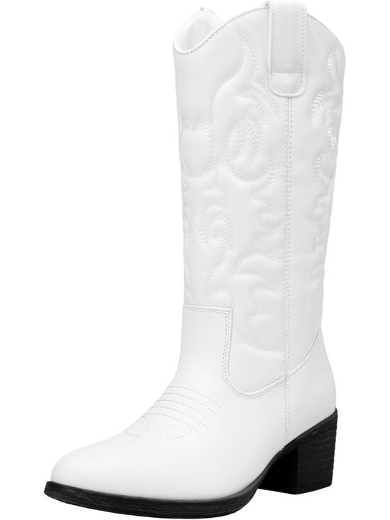 Shoes - Women's white Leather Cowboy Western Cowgirl Round Toe Mid Calf Boot